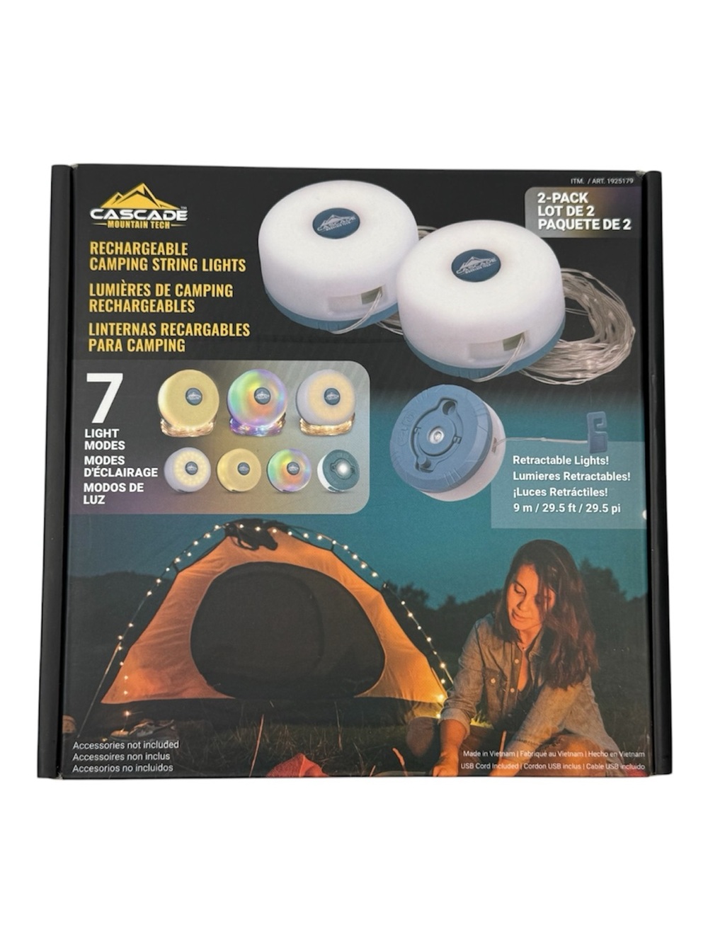 Cascade Mountain Tech Rechargeable Camping String Lights 2-Pack, 7Modes, 200 LM